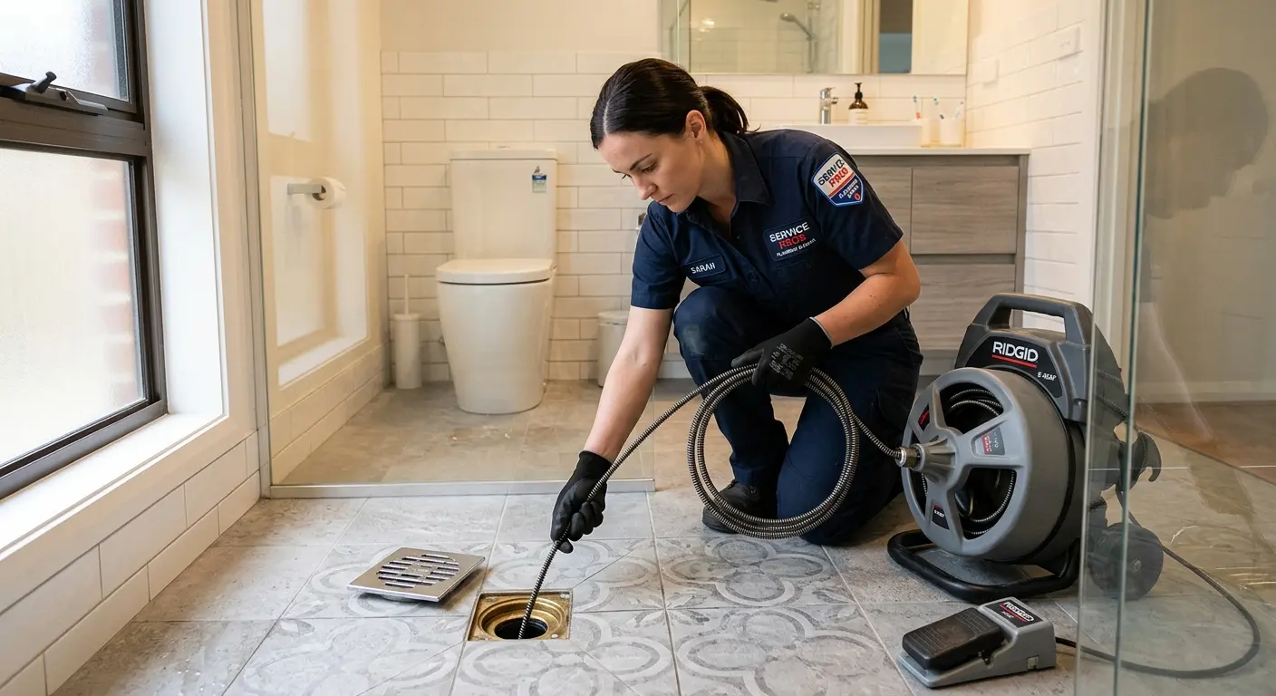 Technician clearing a bathroom floor drain for Clogged Drain Repair in Spring